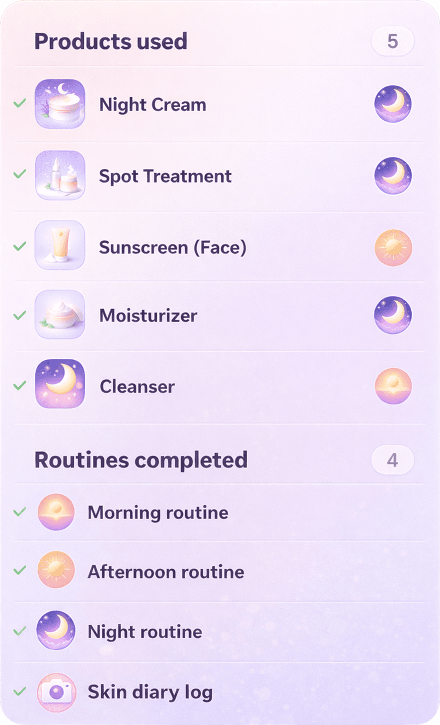 SkinsideAI product usage tracking screen